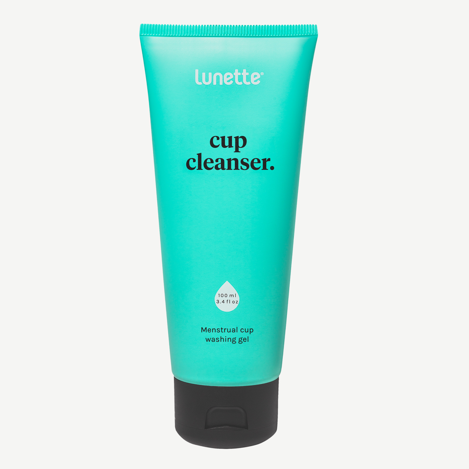 A tube of Lunette cup cleanser with a teal background and black text.