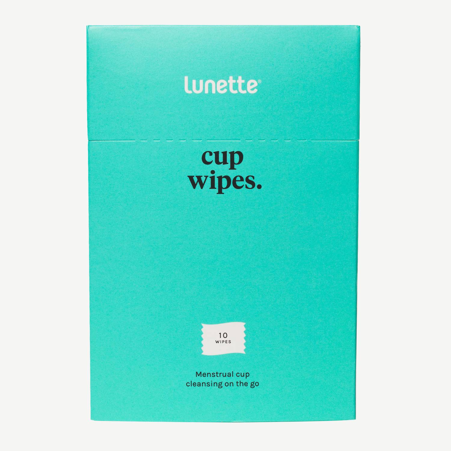 A box of Lunette Cup Wipes in teal color with the product name and quantity '10' visible on the packaging.