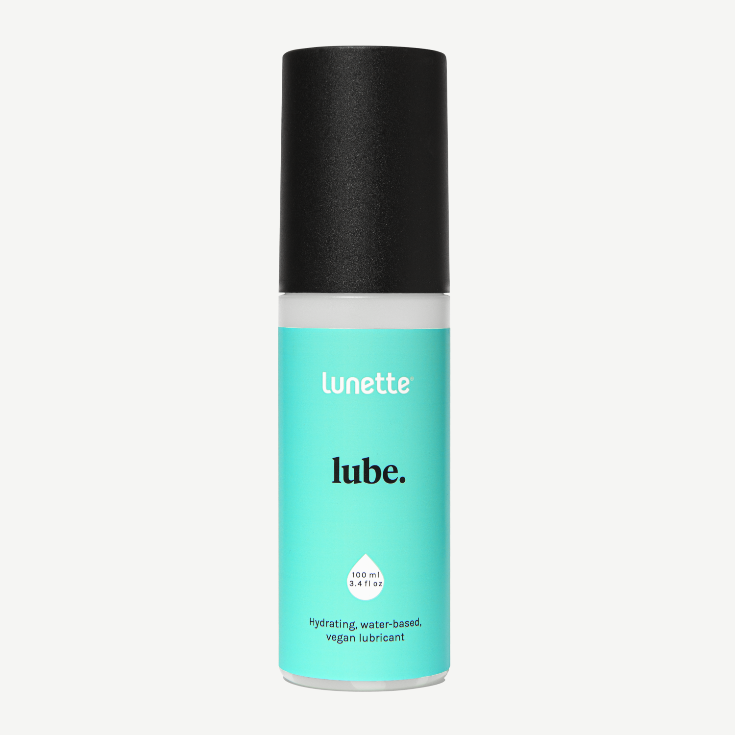 A bottle of Lunette Cup Lube, with a turquoise label on a white background, indicating it is a water-based lubricant.
