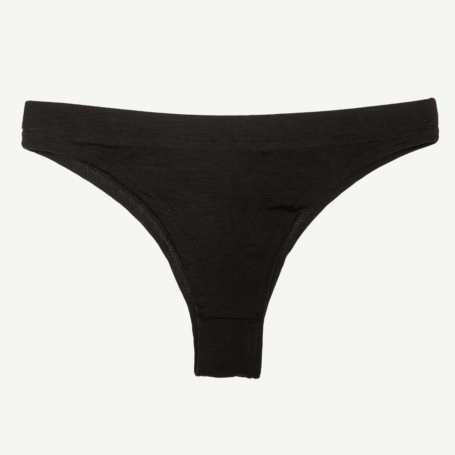 A black thong-style period panty with a flexible and soft design, featuring high protection in the crotch area.