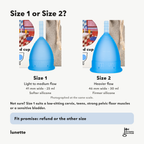 Lunette menstrual cup Size 1 and Size 2 photographed at the same scale, with width, capacity and firmness